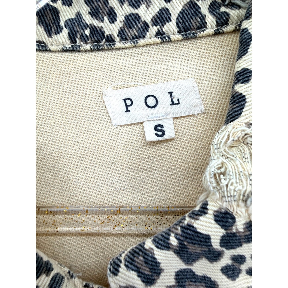 POL Leopard Print Distressed Denim Jacket‎ Tan Colorblock Oversized S Western - Picture 5 of 8